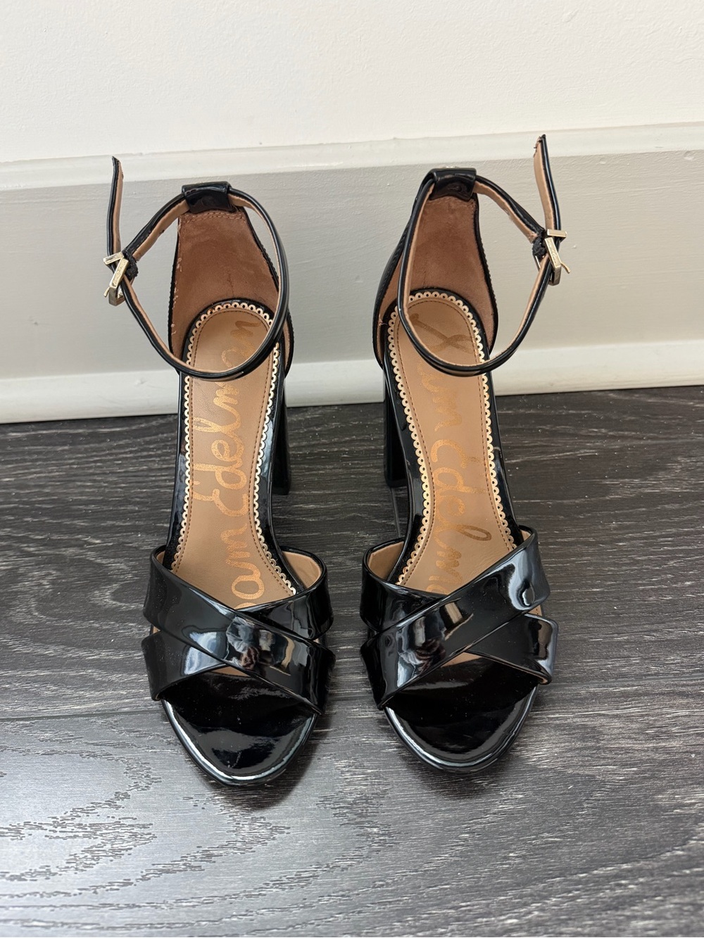 Sam Edelman Black Patent Cross-Strap Ankle-Heel Sandals